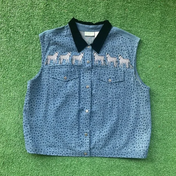 Vintage Sleeveless Denim Embroidered Zebra Button-Up Vest - Blue - Picture 2 of 7
